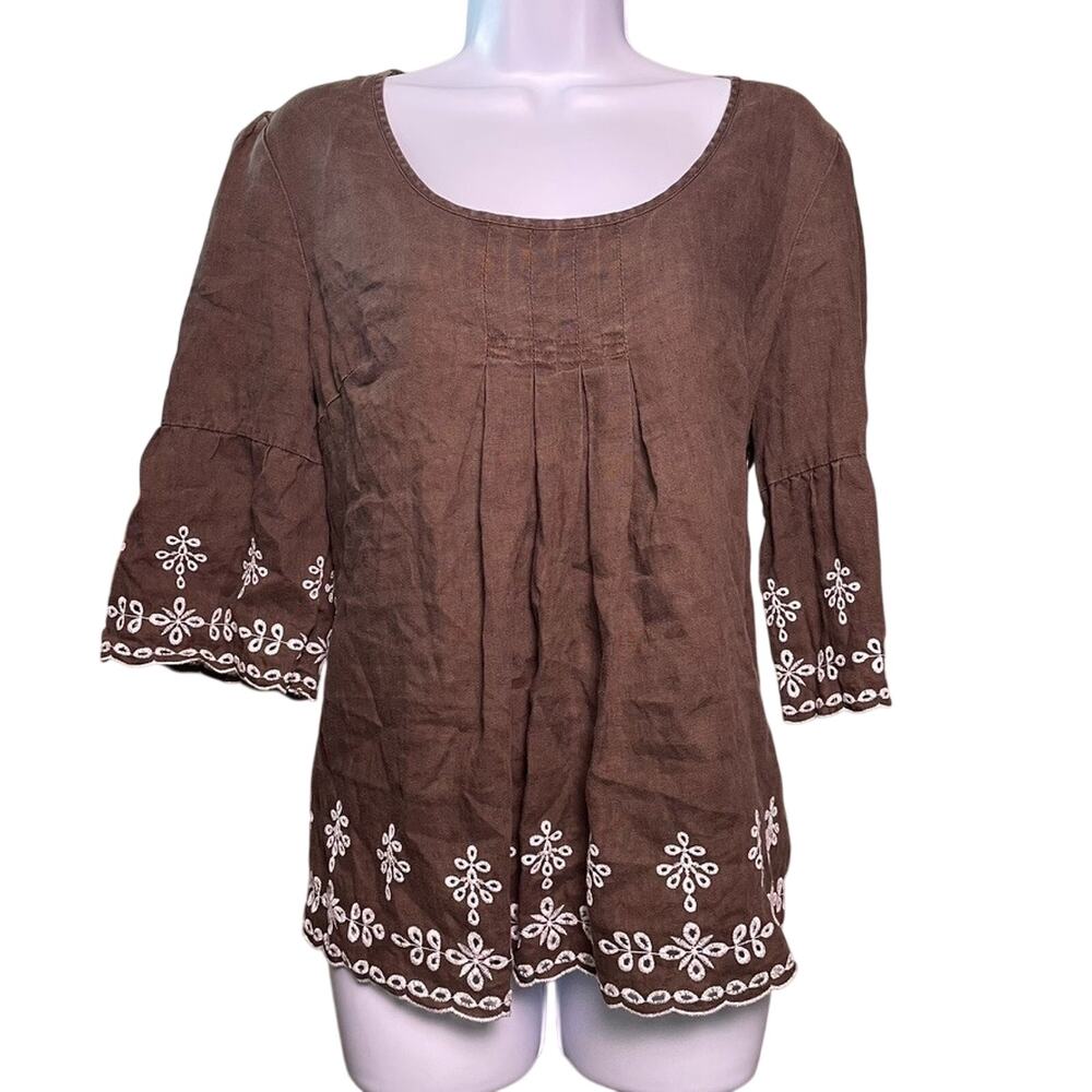 VTG Y2K Ecologie Linen Top Womens L Brown Embroidered Boho Prairie Cottagecore